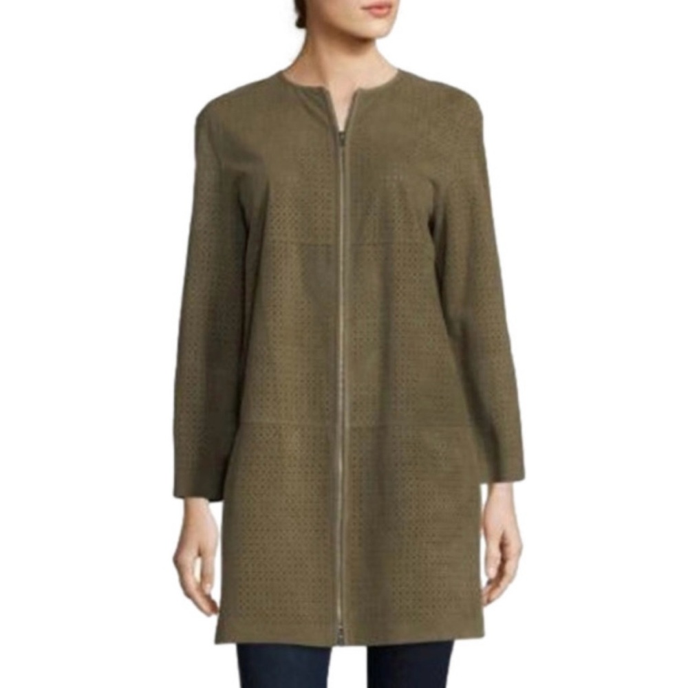 NWOT. Lafayette 148 Bayne Perforated‎ Suede Leather Zip Up Sagebrush- size S (P)